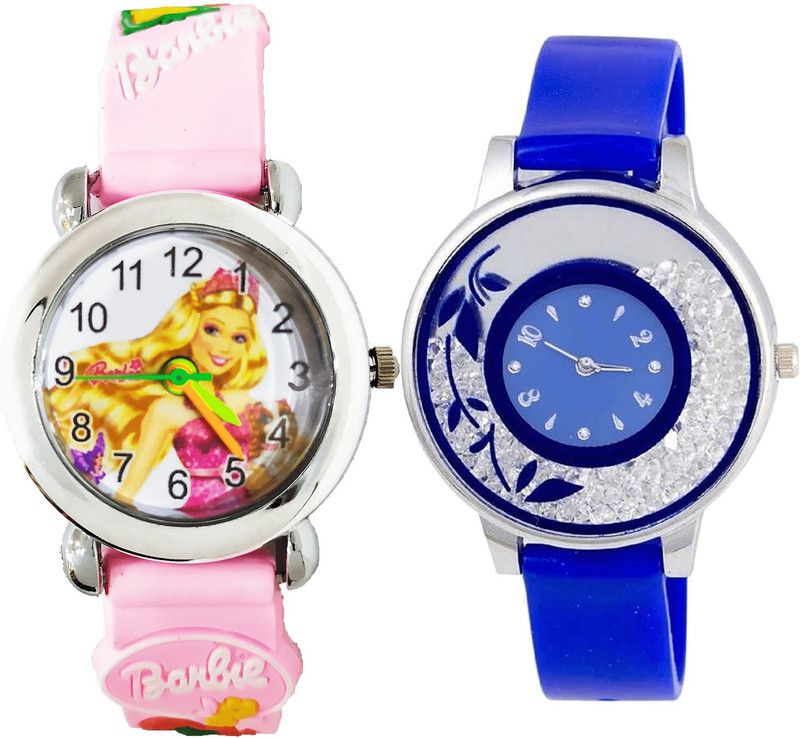 combo watch Analog Watch - For Girls Latest Traditional Barbie Doll And Flower Analogue Pink And Blue Color Girls And Women Watch - G321-G87 (Combo of 2 )