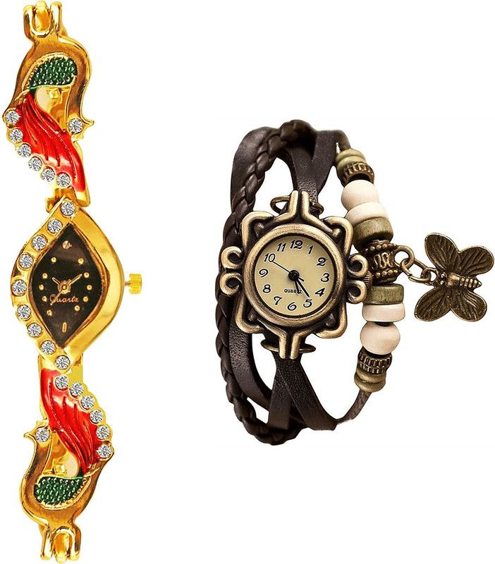 combo watch Analog Watch - For Girls Latest Chronograph Peacock And Butterfly Analogue Gold And Brown Color Girls And Women Watch - G117-G61 (Combo Of 2 )