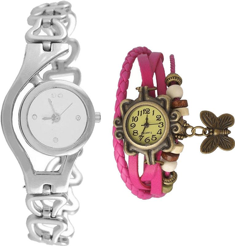 combo watch Analog Watch - For Girls New Fancy Chain And Butterfly Analogue Silver And Pink Color Girls And Women Watch - G70-G63 (Combo Of 2 )
