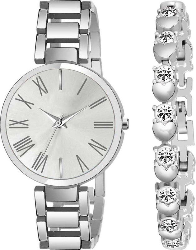 Analog Watch - For Girls TY-1007 Brand New Look Silver Dial & Silver Belt & Little Heart Bracelet Combo