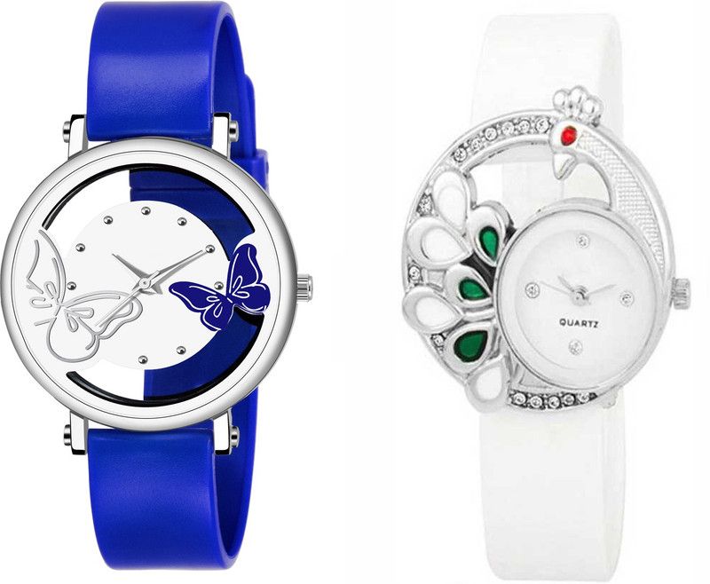 Analog Watch - For Women New Designer Dual White And Blue Color Dual Batterfly And Mor Desing White Color Dial Combo Watch