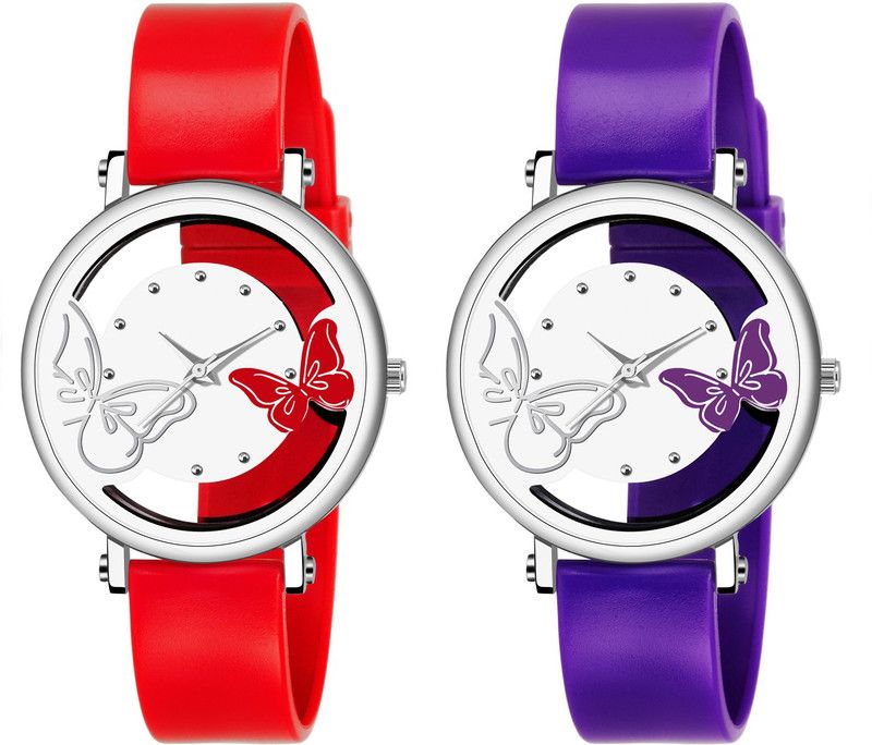 Analog Watch - For Women New Arrival Dual Purple And Red Color Dual Batterfly With White Color Dual Batterfly Combo
