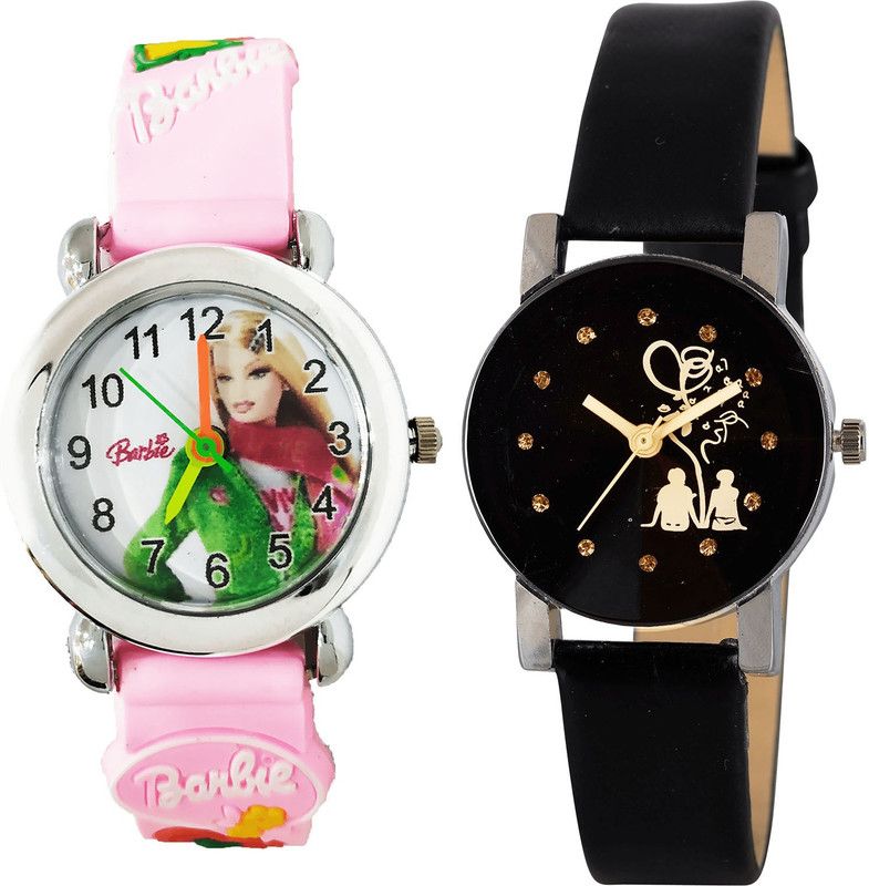 combo watch Analog Watch - For Girls New Designer Barbie Doll And Love Valentine Couple Analogue Pink And Black Color Girls And Women Watch - G324-G389 (Combo of 2 )