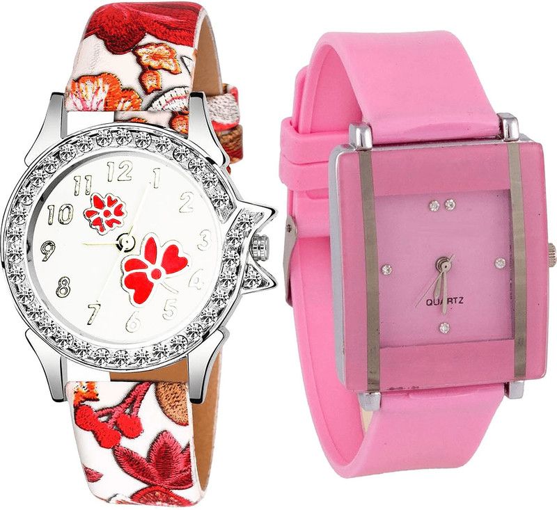 combo watch Analog Watch - For Girls Contemporary Present Flower Dimond Analogue Red And Pink Color Girls And Women Watch - G409-G14 (Combo of 2 )