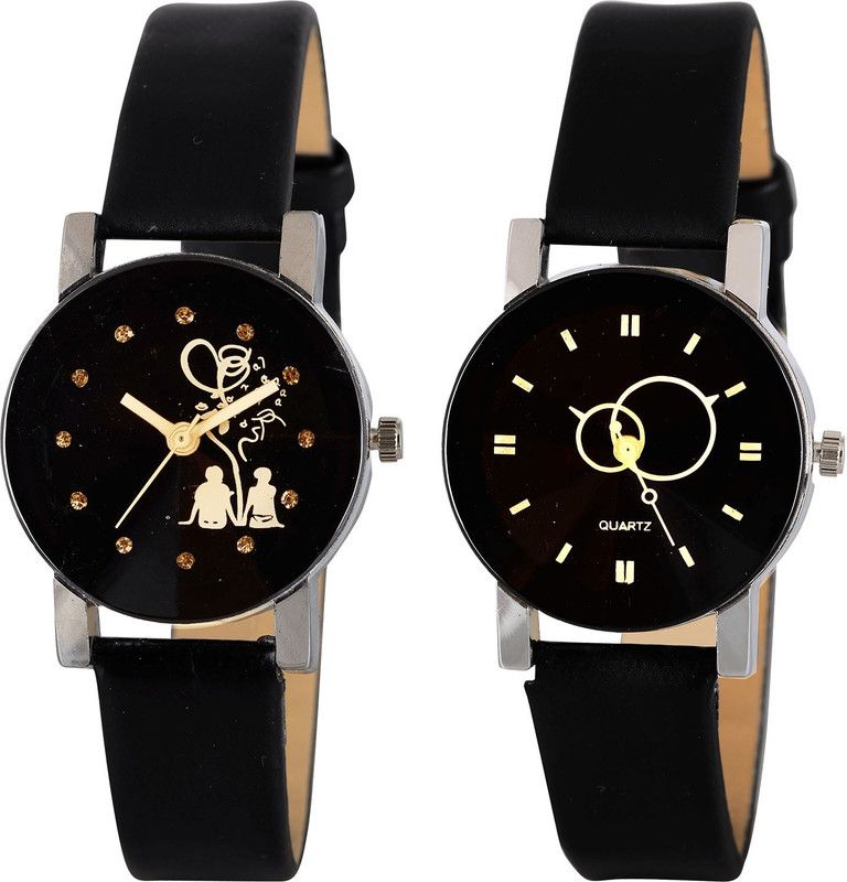 combo watch Analog Watch - For Girls Classical Analogue Love Valentine Couple And Geometric Design Analogue Black Color Girls And Women Watch - G389-G386 (Combo of 2 )