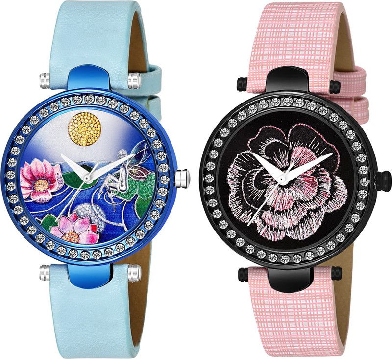 New Combo Attractive Lotus Flower Design Dial & Genuine Leather Strap Analog Watch - For Girls MT301304
