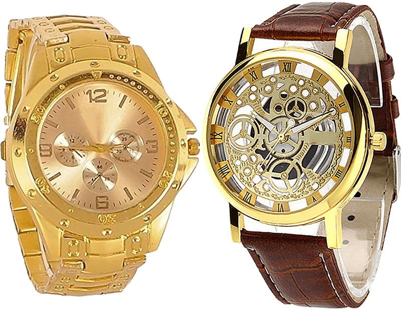 combo watch Analog Watch - For Girls Classical Heart Open Analogue Gold And Brown Color Boys And Men Watch - B71-B45 (Combo Of 2 )