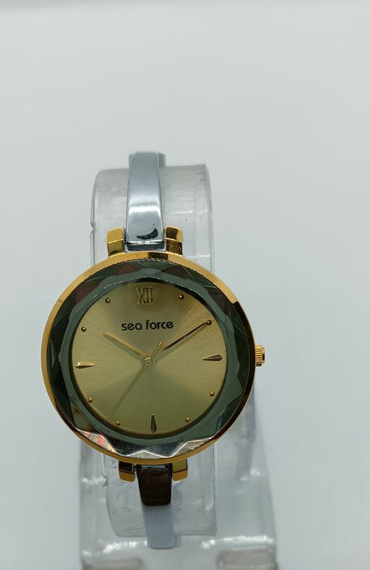 Ladies Watch Golden Dial Diamond Cut Glass Silver Gold Mix Case Analog Watch - For Women Ladies Watch Golden Dial Diamond Cut Glass Silver Gold Mix Case