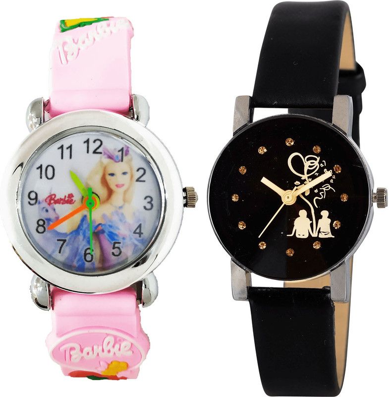 combo watch Analog Watch - For Girls Classical Model Barbie Doll And Love Valentine Couple Analogue Pink And Black Color Girls And Women Watch - G323-G389 (Combo of 2 )