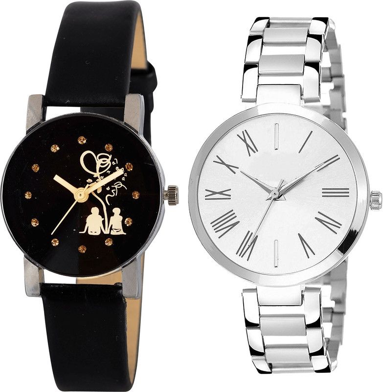 combo watch Analog Watch - For Girls Contemporary Heart Love Valentine Couple Analogue Black And Silver Color Girls And Women Watch - G389-G300 (Combo of 2 )