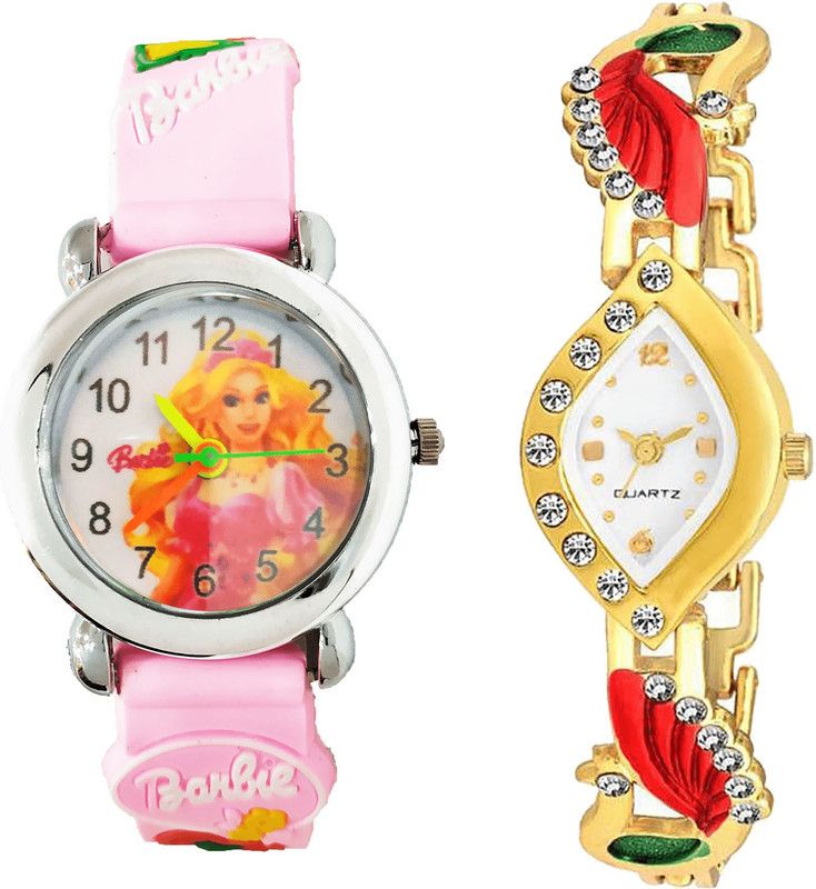 combo watch Analog Watch - For Girls Contemporary Branded Barbie Doll And Peacock Analogue Pink And Gold Color Girls And Women Watch - G320-G116 (Combo of 2 )