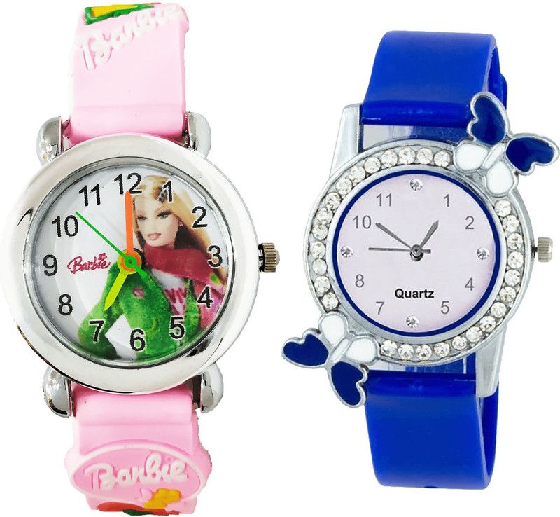 combo watch Analog Watch - For Girls Treading Gift Barbie Doll And Butterfly Analogue Pink And Blue Color Girls And Women Watch - G324-G98 (Combo of 2 )