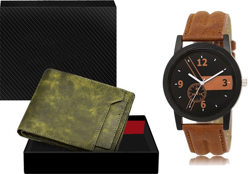 Combo Of Green Color Artificial Leather Wallet & Analog Watch - For Men WL16-LR01