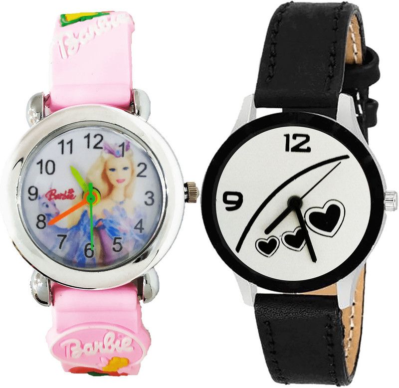 combo watch Analog Watch - For Girls Latest Heart Barbie Doll And Love Valentine Analogue Pink And Black Color Girls And Women Watch - G323-G342 (Combo of 2 )