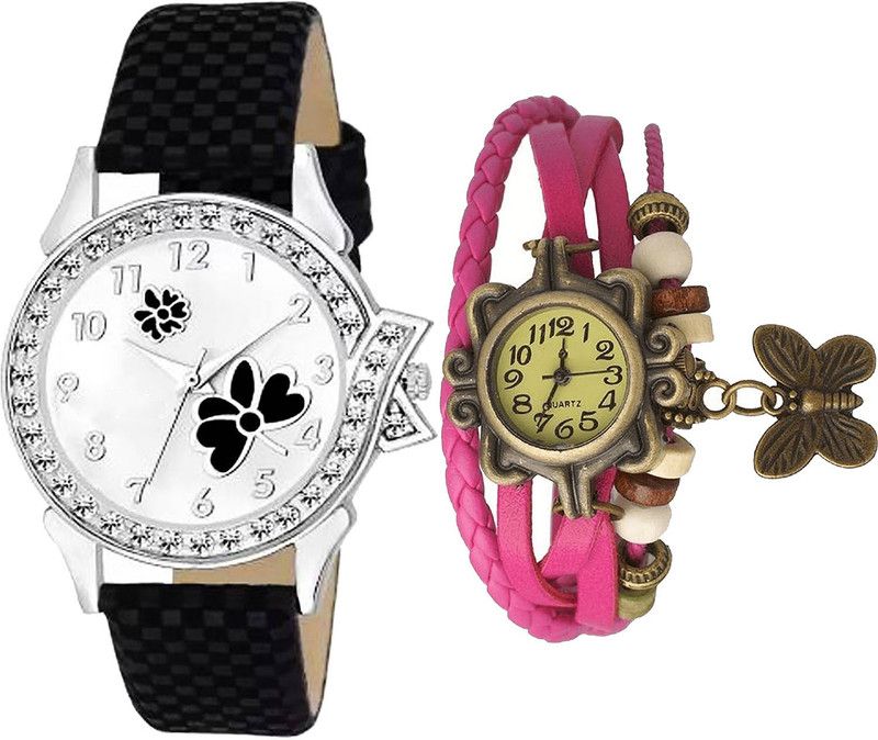 combo watch Analog Watch - For Girls Brand New Professional Flower And Butterfly Analogue Black And Pink Color Girls And Women Watch - G126-G63 (Combo Of 2 )