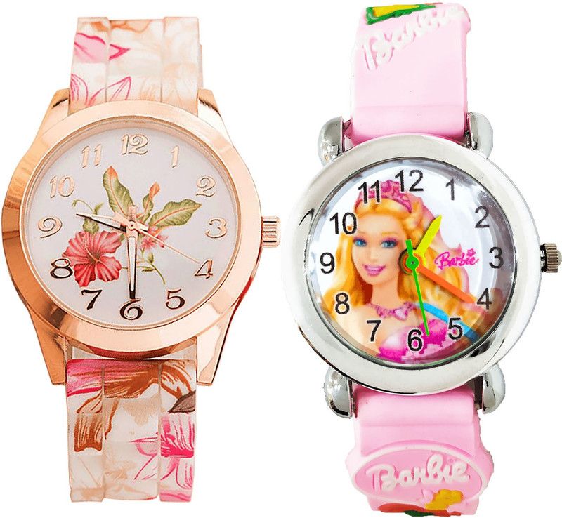 combo watch Analog Watch - For Girls Latest Casual Flower And Barbie Doll Analogue White And Pink Color Girls And Women Watch - G305-G7 (Combo of 2 )