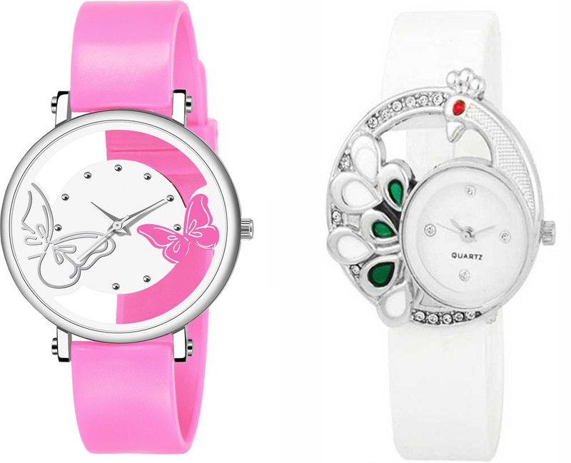 Analog Watch - For Women New Designer Dual White And Pink Color Dual Batterfly And Mor Desing White Color Dial Combo Watch