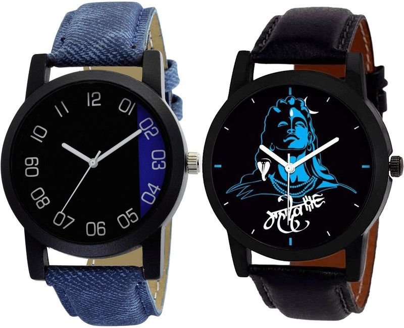 combo watch Analog Watch - For Girls Chronograph Mahadev Analogue Blue And Black Color Boys And Men Watch - B37-B23 (Combo Of 2 )