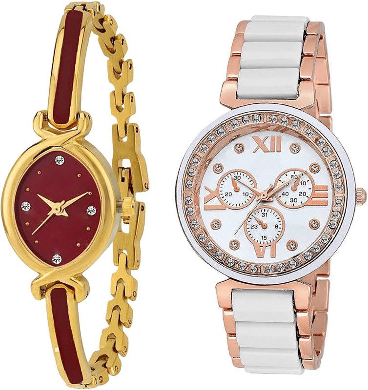 combo watch Analog Watch - For Girls Latest Royal Analogue Gold And White Color Girls And Women Watch - G122-G210 (Combo Of 2 )