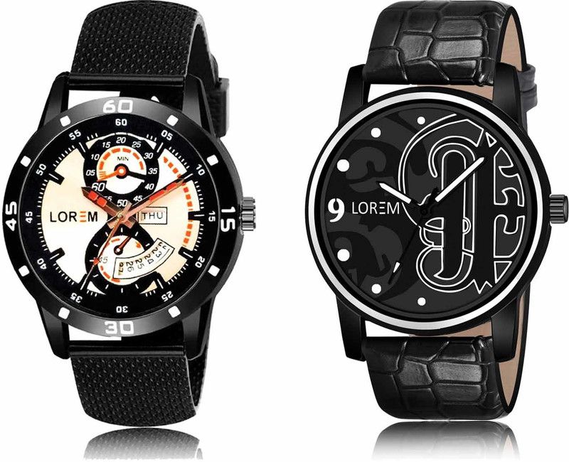 Set Of 2 Casual Round Synthetic Leather Analog Watch - For Men OB-LR56-LR70