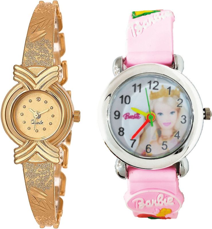 combo watch Analog Watch - For Girls Latest Traditional Barbie Doll Analogue Gold And Pink Color Girls And Women Watch - G265-G322 (Combo of 2 )