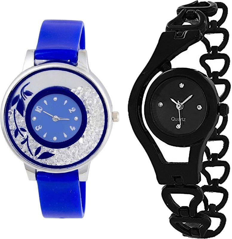 combo watch Analog Watch - For Girls Classical Fashionable Flower And Chain Analogue Blue And Black Color Girls And Women Watch - G87-G68 (Combo Of 2 )