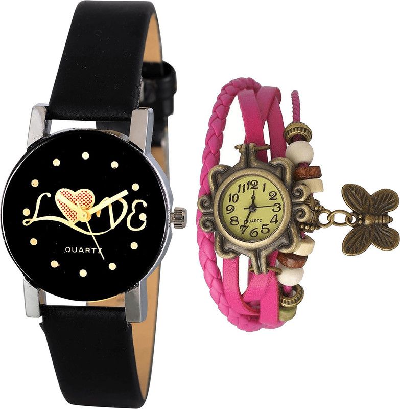 combo watch Analog Watch - For Girls Treading Collegian Love Valentine And Butterfly Analogue Black And Pink Color Girls And Women Watch - G390-G63 (Combo of 2 )