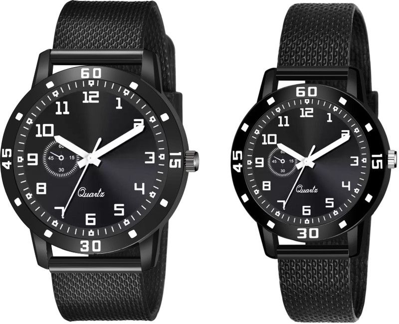 Analog Watch - For Couple Black Single Round Dial Black Safar Strap Watch For Couple