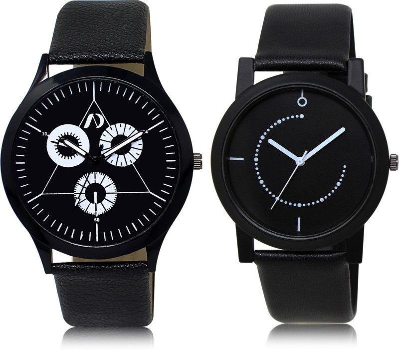 Stylish Look Combo Analog Watch - For Couple AD04-LR49 New Attractive Black Leather Strap