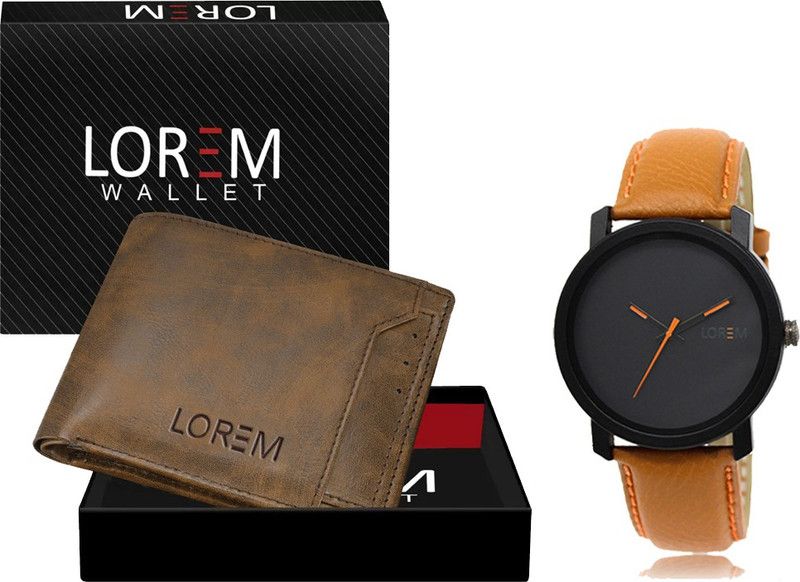 Combo Of Black Wrist Watch & Brown Color Artificial Leather Wallet Analog Watch - For Men FZ-WL24-LR22