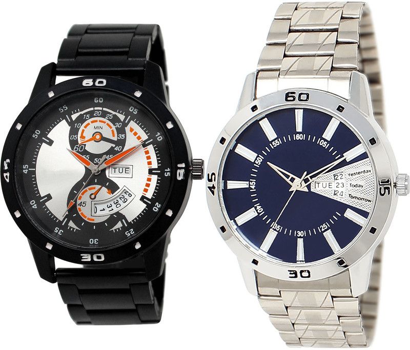 combo watch Analog Watch - For Girls Modish Present Day And Date Analogue Black And Silver Color Boys And Men Watch - BL46.107-BL46.102 (Combo Of 2 )