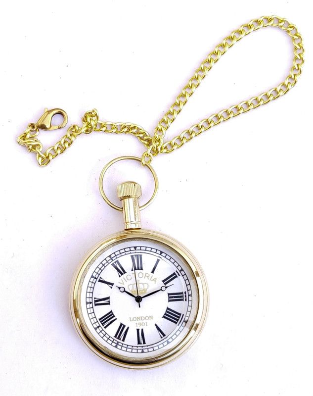 k.v handicrafts Replica Antique Queen Victoria London - 1901 Crown Dial - Indian Look Gandhi Watch / Pocket Watch with Long Chain By- K V Handicraft KVH-0087 Brass Finish Brass Pocket Watch Chain