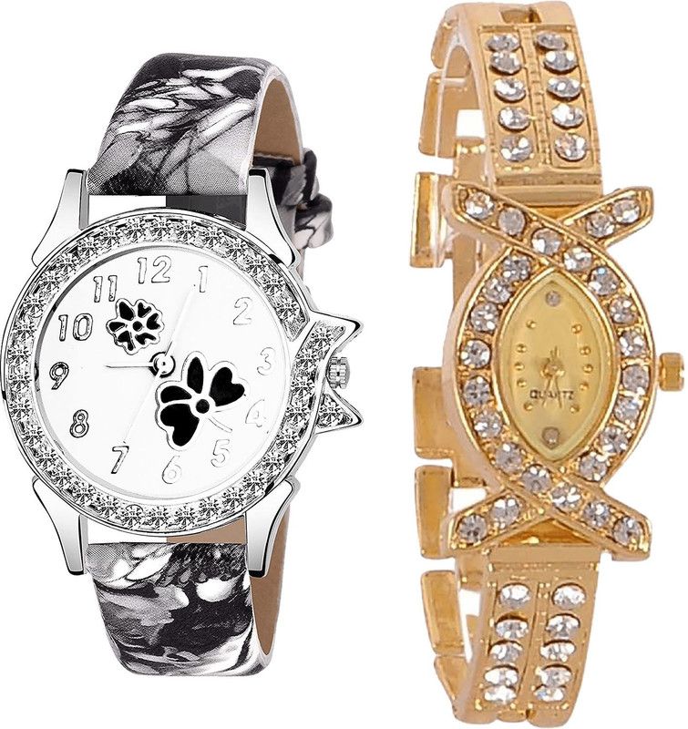 combo watch Analog Watch - For Girls Contemporary Analogue Flower Dimond Analogue Black And Gold Color Girls And Women Watch - G408-G125 (Combo of 2 )