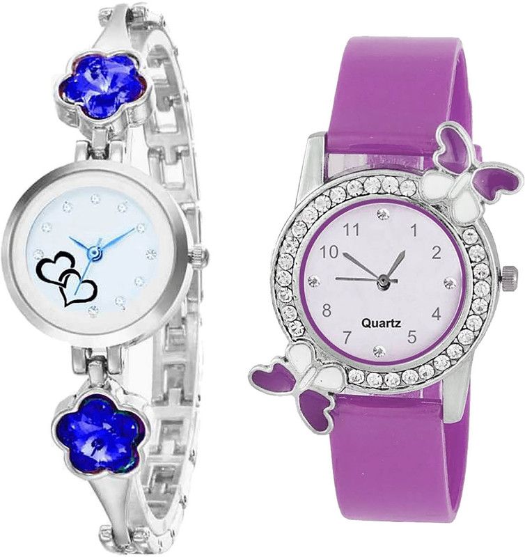 combo watch Analog Watch - For Girls Latest Wrist Love Valentine And Butterfly Analogue Silver And Purple Color Girls And Women Watch - G433-G100 (Combo of 2 )