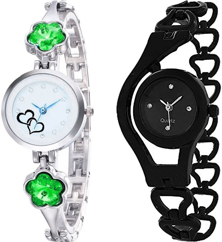 combo watch Analog Watch - For Girls Treading Fashionable Love Valentine And Chain Analogue Silver And Black Color Girls And Women Watch - G434-G68 (Combo of 2 )