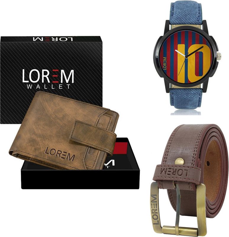 Combo Of Artificial Leather Belt-Wallet & Analog Watch - For Men FZ-LR10-WL23-BL02