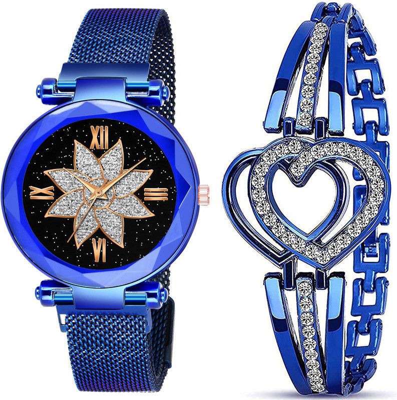 Stainless Steel Magnet Belt Analog Watch - For Women New Blue Analogue Professional Hart Bracelet Flower Dial Girl's & Woman Watch