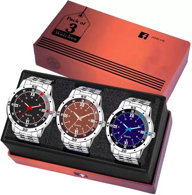 Pack Of-3 Steel Chain New Soft Sport Design Adjustable Length Analog Watch - For Men