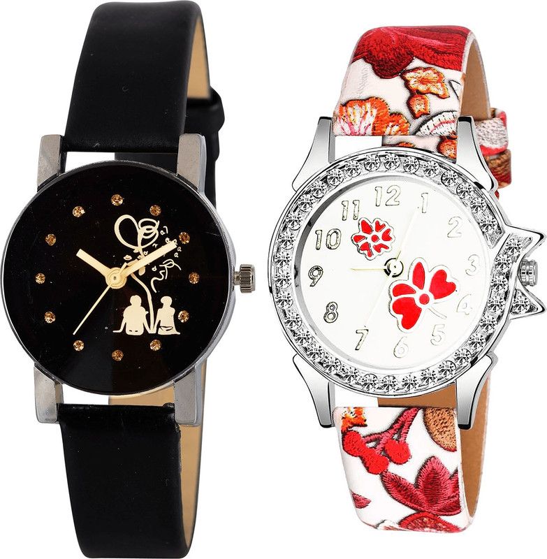 combo watch Analog Watch - For Girls Best 3D Design Love Valentine Couple And Flower Dimond Analogue Black And Red Color Girls And Women Watch - G389-G409 (Combo of 2 )