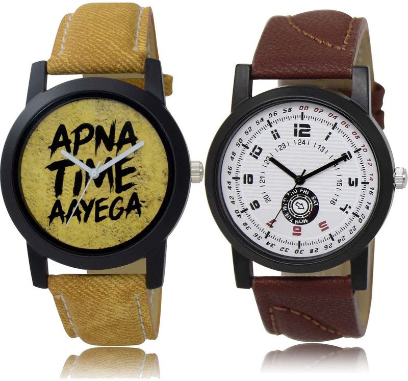 combo watch Analog Watch - For Men Classical Party Wedding Apna Time Aayega Brown Color Men Watch - B383-BL46.11 (Combo Of 2 )