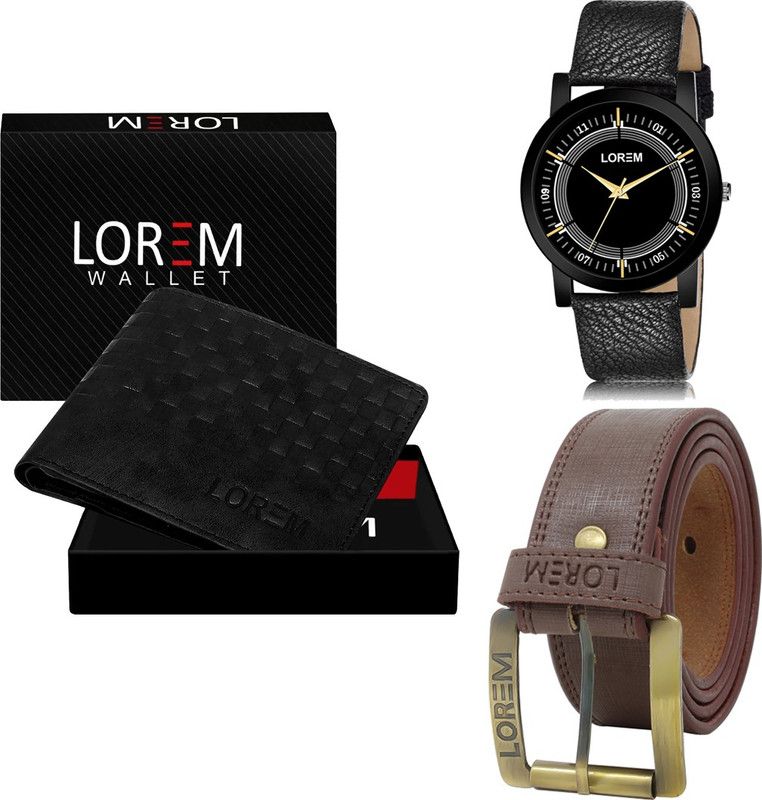 Mens Combo Of Watch With Artificial Leather Wallet & Belt Analog Watch - For Men FZ-LR48-WL39-BL02