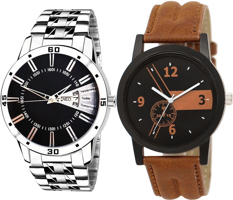 combo watch Analog Watch - For Boys Best Style Day And Date Analog Silver And Brown Color Boys And Men Watch - B191-BL46.1 (Combo Of 2 )