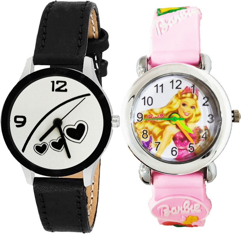 combo watch Analog Watch - For Girls New Italian Designer Love Valentine And Barbie Doll Analogue Black And Pink Color Girls And Women Watch - G342-G321 (Combo of 2 )