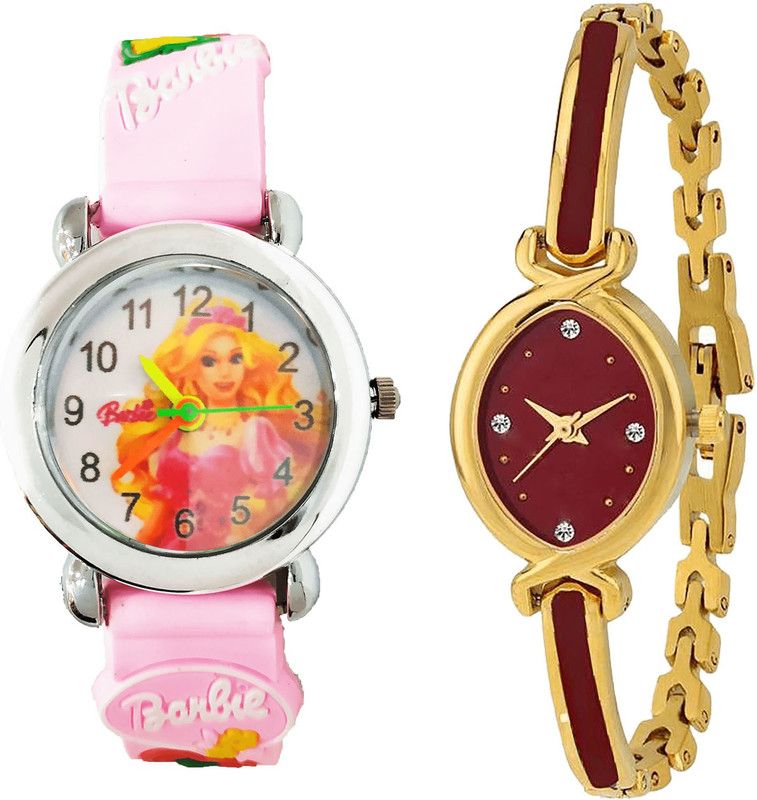 combo watch Analog Watch - For Girls Contemporary Fashionable Barbie Doll Analogue Pink And Gold Color Girls And Women Watch - G320-G122 (Combo of 2 )