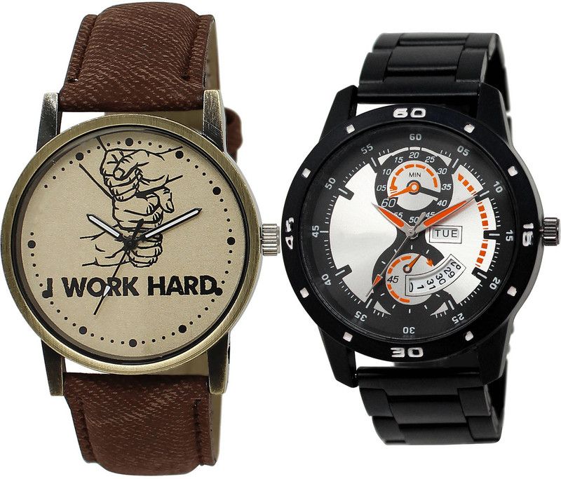 combo watch Analog Watch - For Girls Brand New Wrist I Work Hard And Day And Date Analogue Brown And Black Color Boys And Men Watch - BL46.29-BL46.107 (Combo Of 2 )