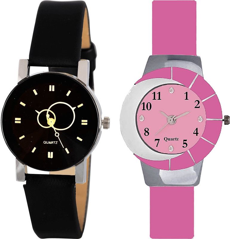 combo watch Analog Watch - For Girls Modern Analogue Geometric Design Analogue Black And Pink Color Girls And Women Watch - G386-G9 (Combo of 2 )