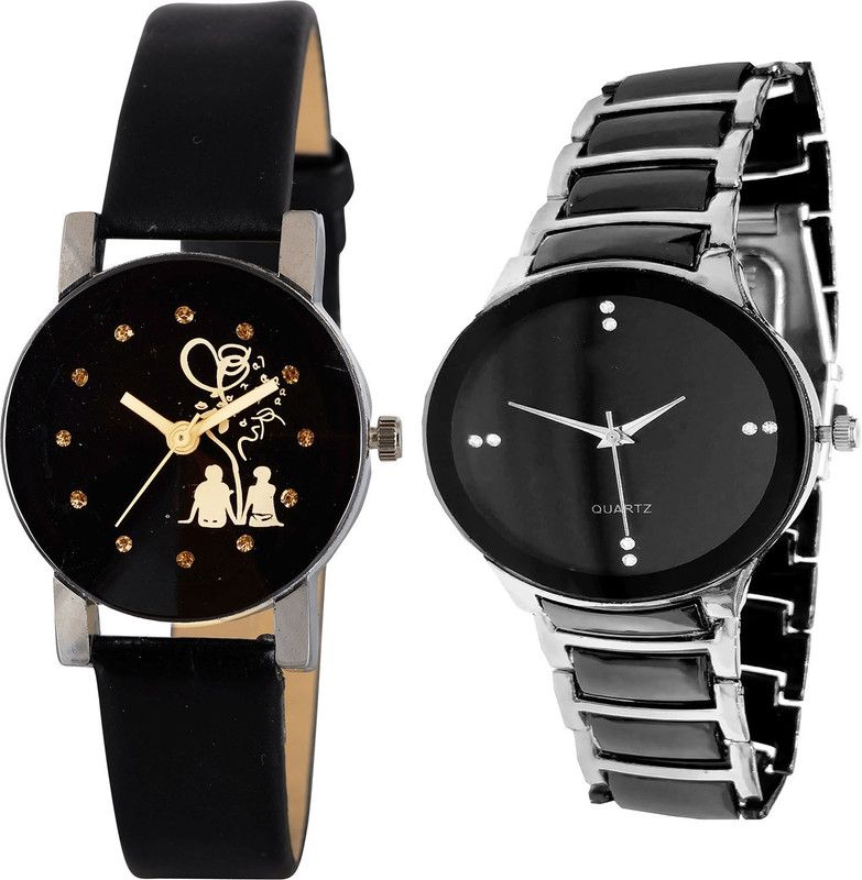 combo watch Analog Watch - For Girls Modern Model Love Valentine Couple Analogue Black And Silver Color Girls And Women Watch - G389-G207 (Combo Of 2 )