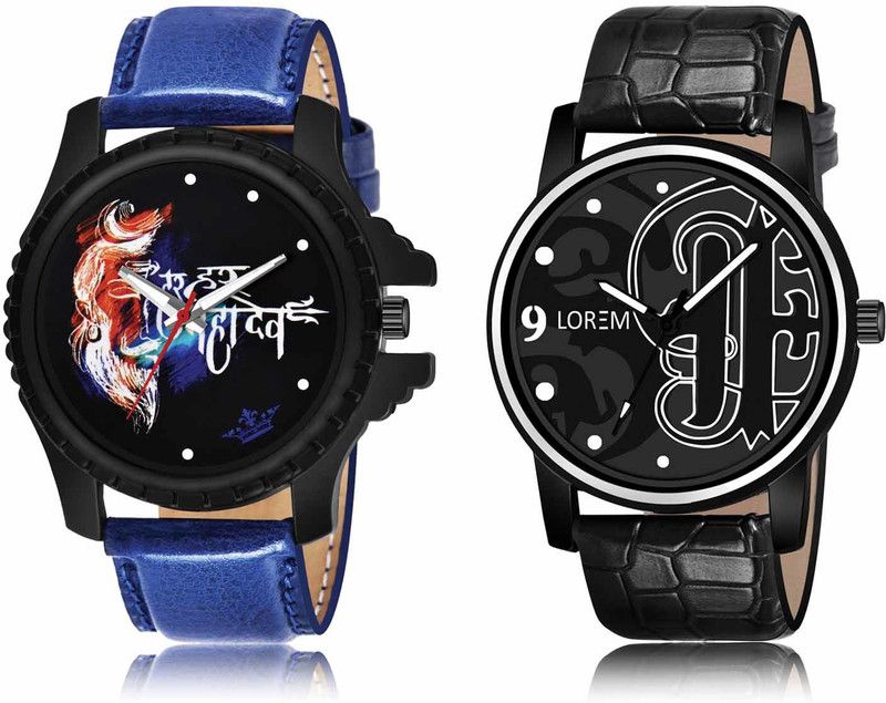 Set Of 2 Casual Round Synthetic Leather Analog Watch - For Men OB-LR65-LR70