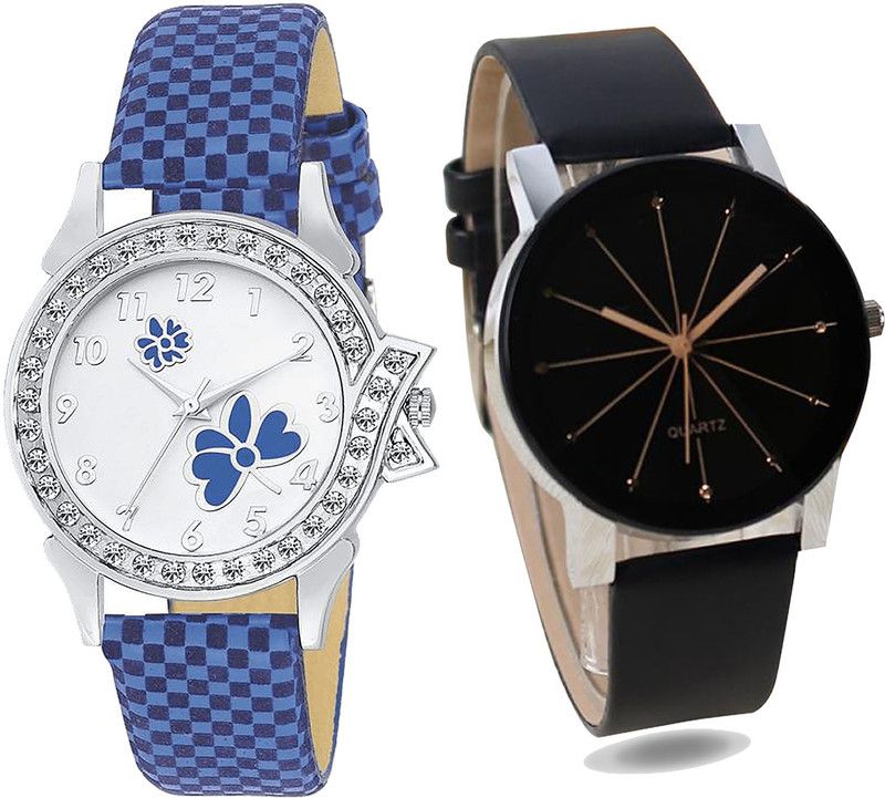 combo watch Analog Watch - For Girls Contemporary Present Flower Analogue Blue And Black Color Girls And Women Watch - G127-G174 (Combo Of 2 )