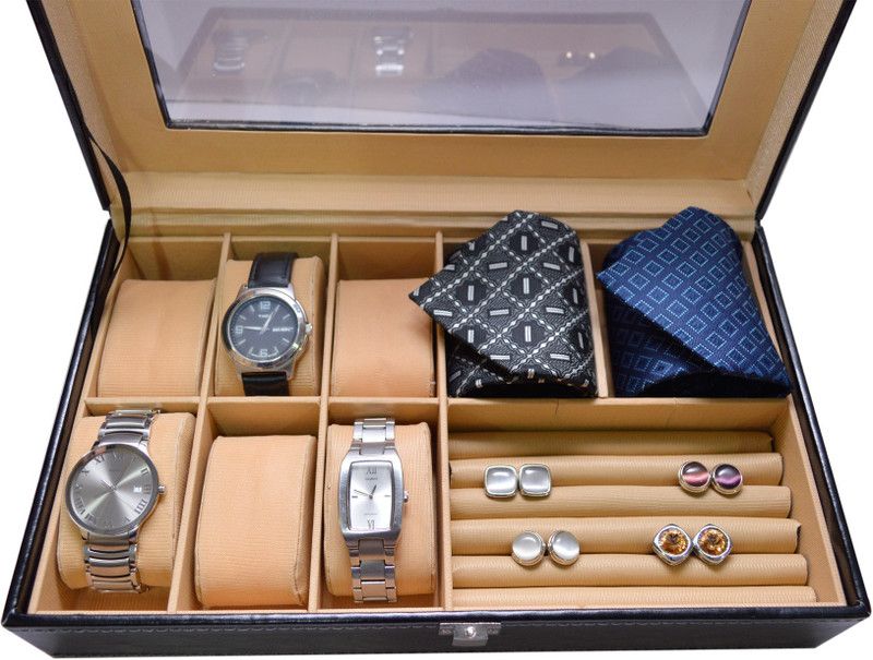 Exclusive Black Watch cum Tie cum Cufflink Holder Watch Box  (Black, Holds 6 Watches)